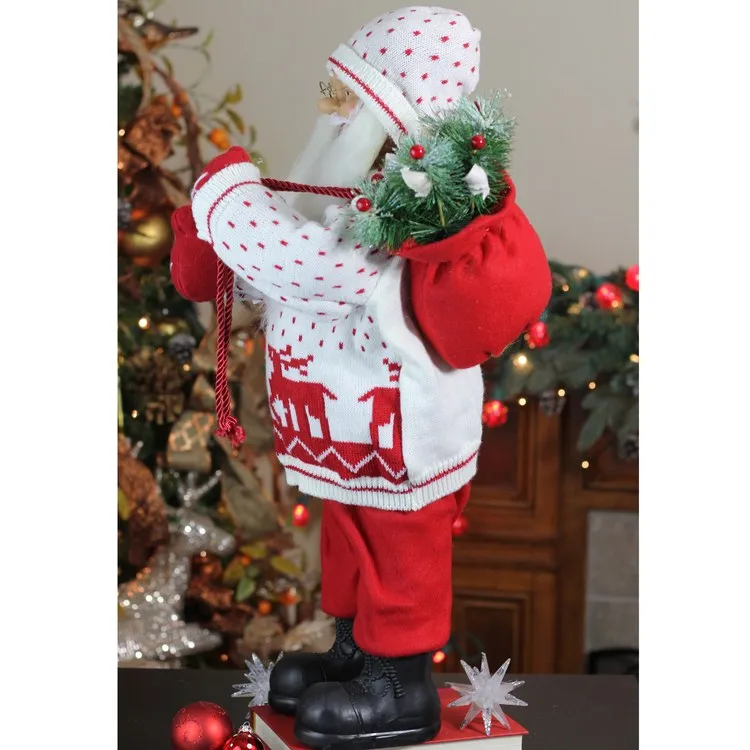25" White and Red Santa In Knit Deer Sweater with Sack of Pine Figurine