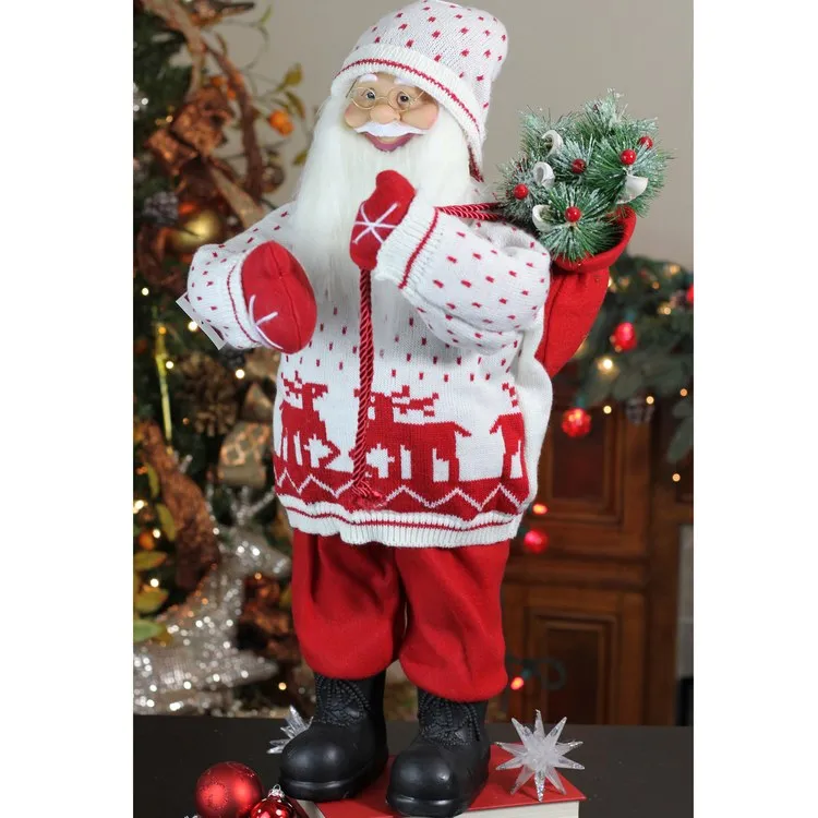 25" White and Red Santa In Knit Deer Sweater with Sack of Pine Figurine