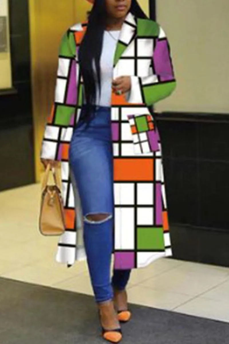 Casual Print Split Joint Buttons Turn-back Collar Plus Size Overcoat