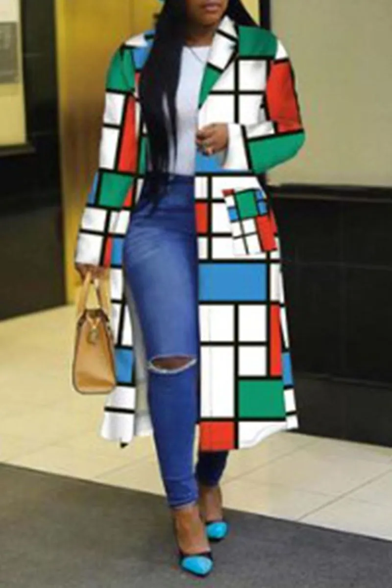 Casual Print Split Joint Buttons Turn-back Collar Plus Size Overcoat