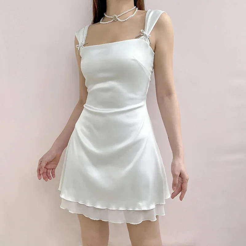 Fashion Chic Bow Party Women Dresses Tank Elegant Sundress Mini Double Layer Summer Dress A-Line Sleeveless Outfits
