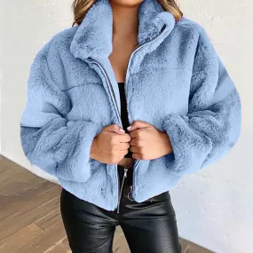 Flytonn-Vintage Women Warm Jacket 2022 Winter Fashion Fluffy Solid Color Turn-down Long-sleeved Plush Zipper Coat Casual Loose Outerwear