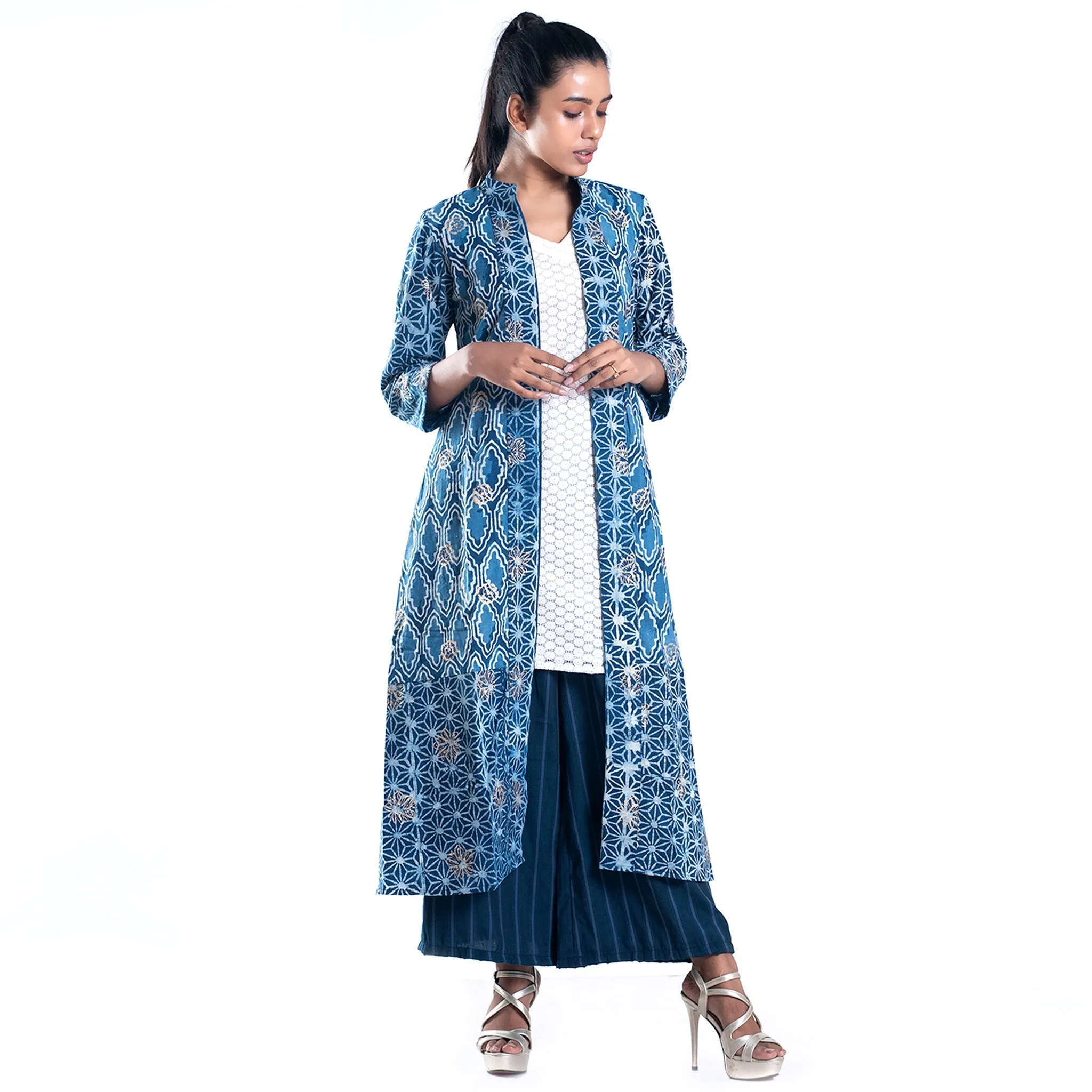 Maze bagru printed golden mix jacket set with kurta and culottes