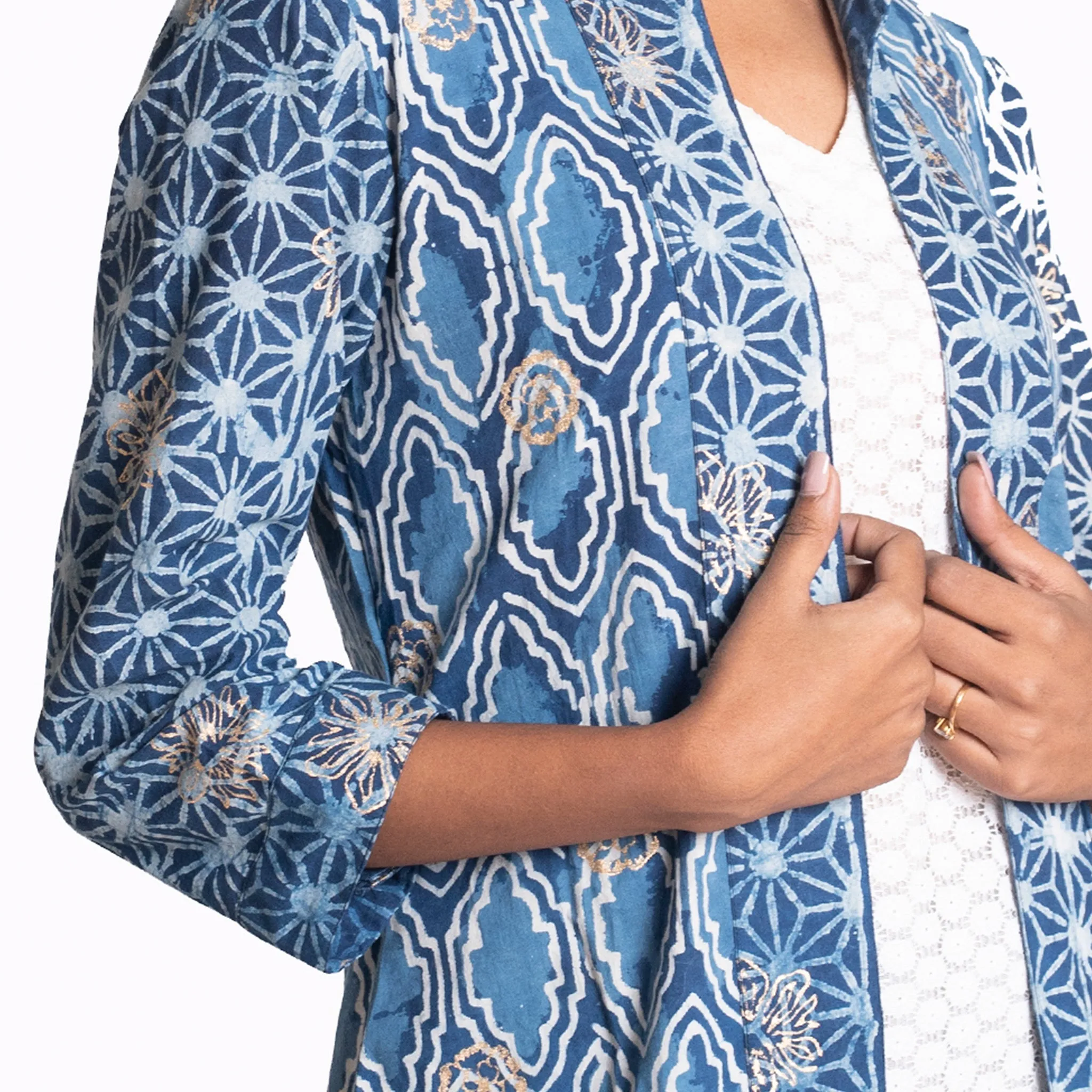 Maze bagru printed golden mix jacket set with kurta and culottes