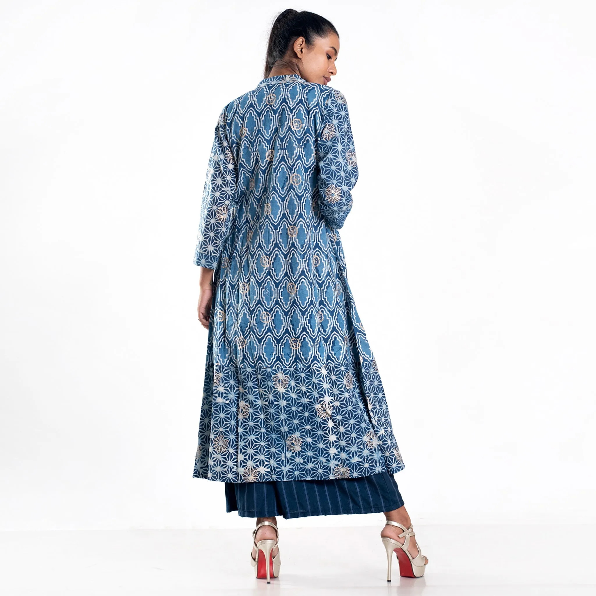 Maze bagru printed golden mix jacket set with kurta and culottes