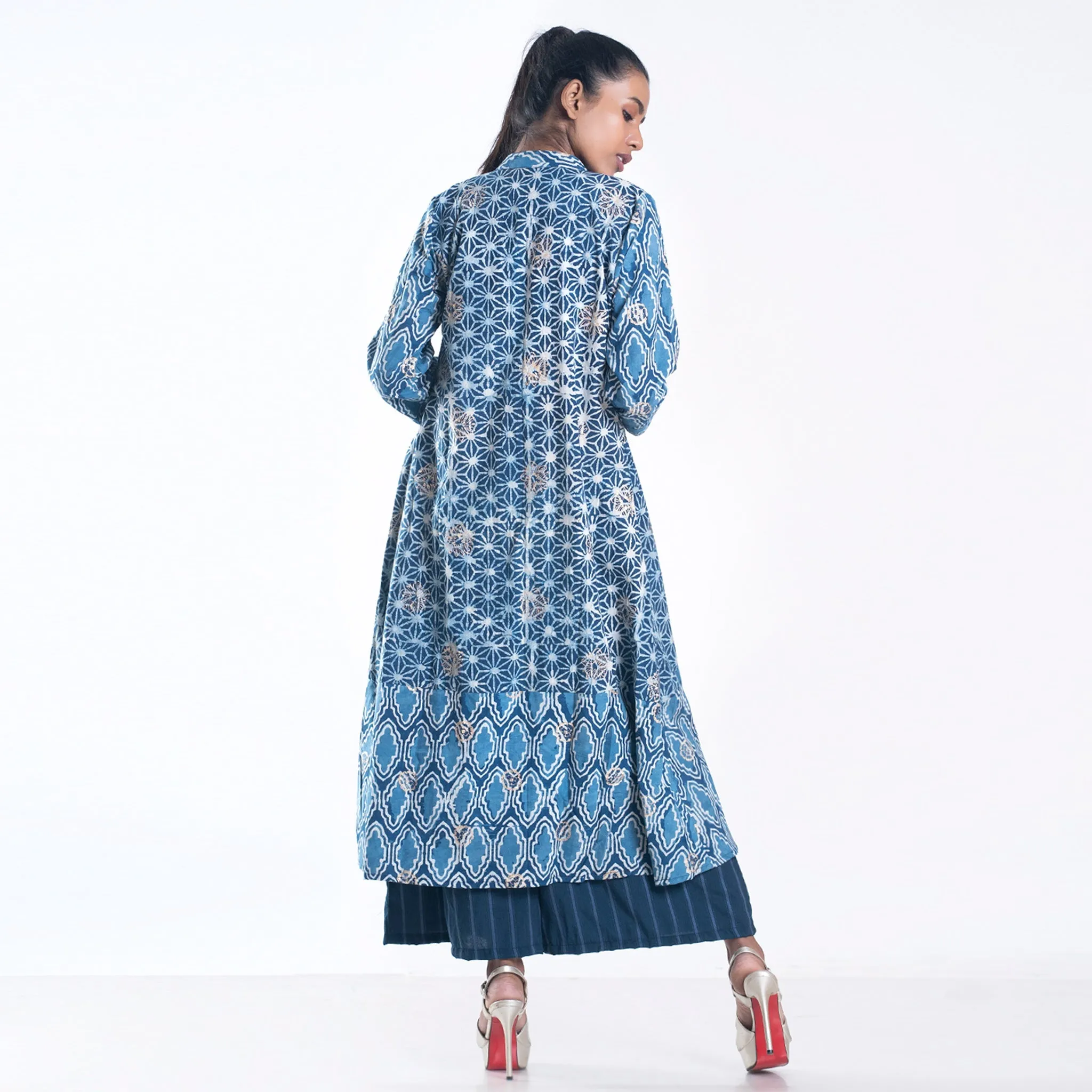 Pushp bagru printed golden mix jacket set with kurta and culottes