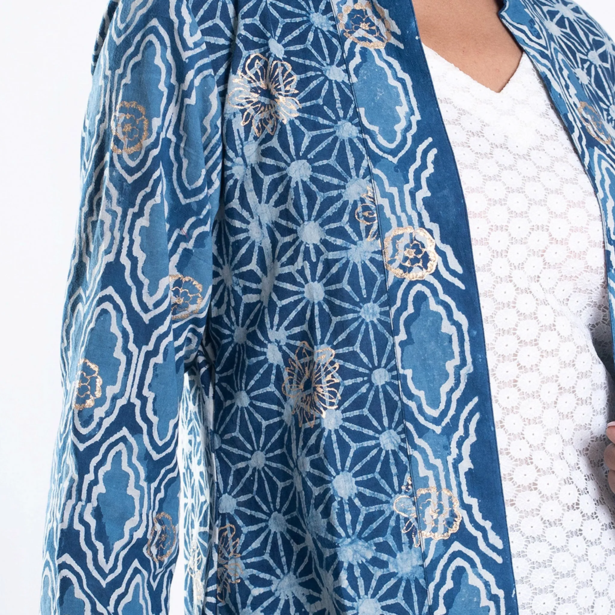 Pushp bagru printed golden mix jacket set with kurta and culottes
