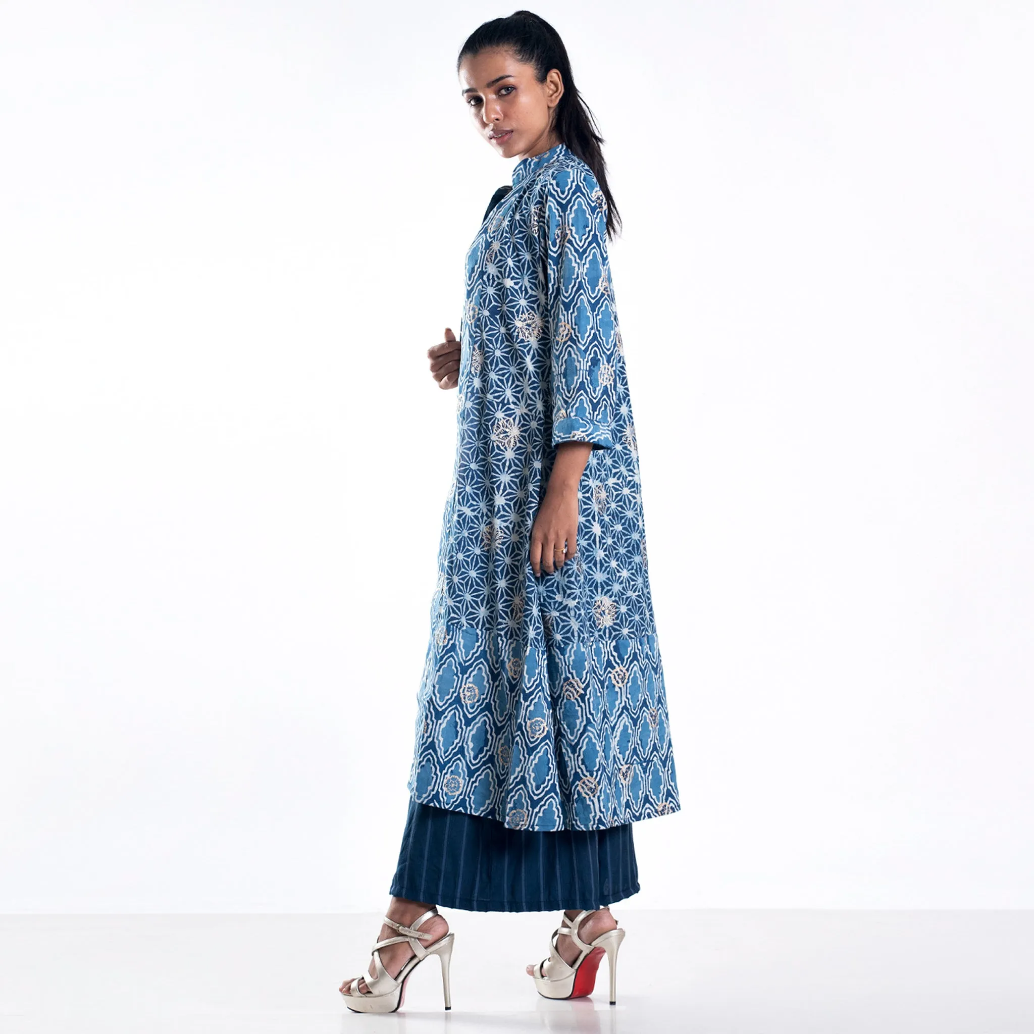 Pushp bagru printed golden mix jacket set with kurta and culottes