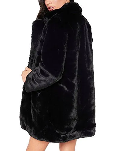 Remelon Womens Long Sleeve Winter Warm Lapel Fox Faux Fur Coat Jacket Overcoat Outwear with Pockets Black M