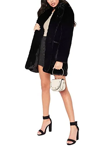Remelon Womens Long Sleeve Winter Warm Lapel Fox Faux Fur Coat Jacket Overcoat Outwear with Pockets Black M