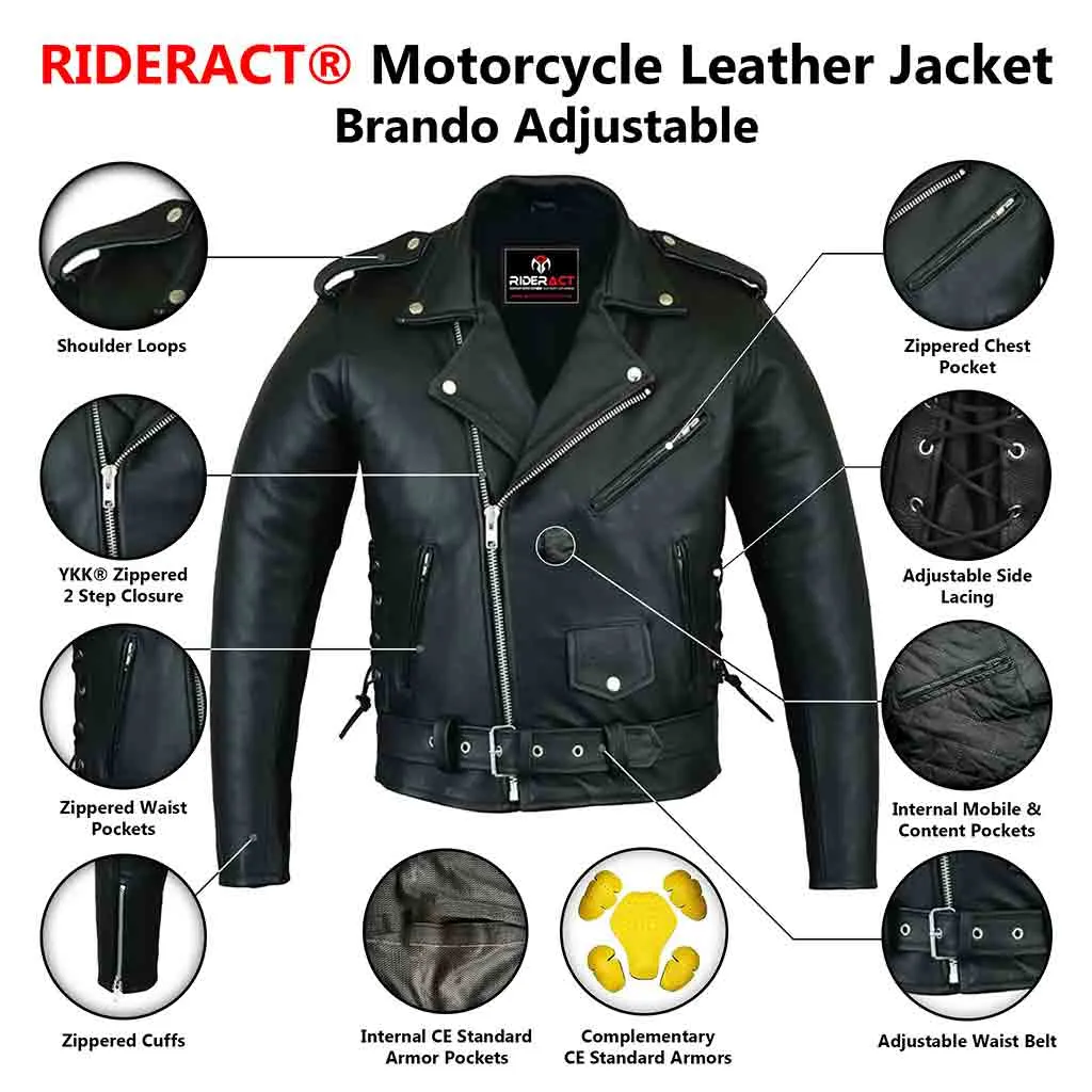 RIDERACT® Men Motorcycle Leather Jacket Brando Adjustable Moto Leather Jacket