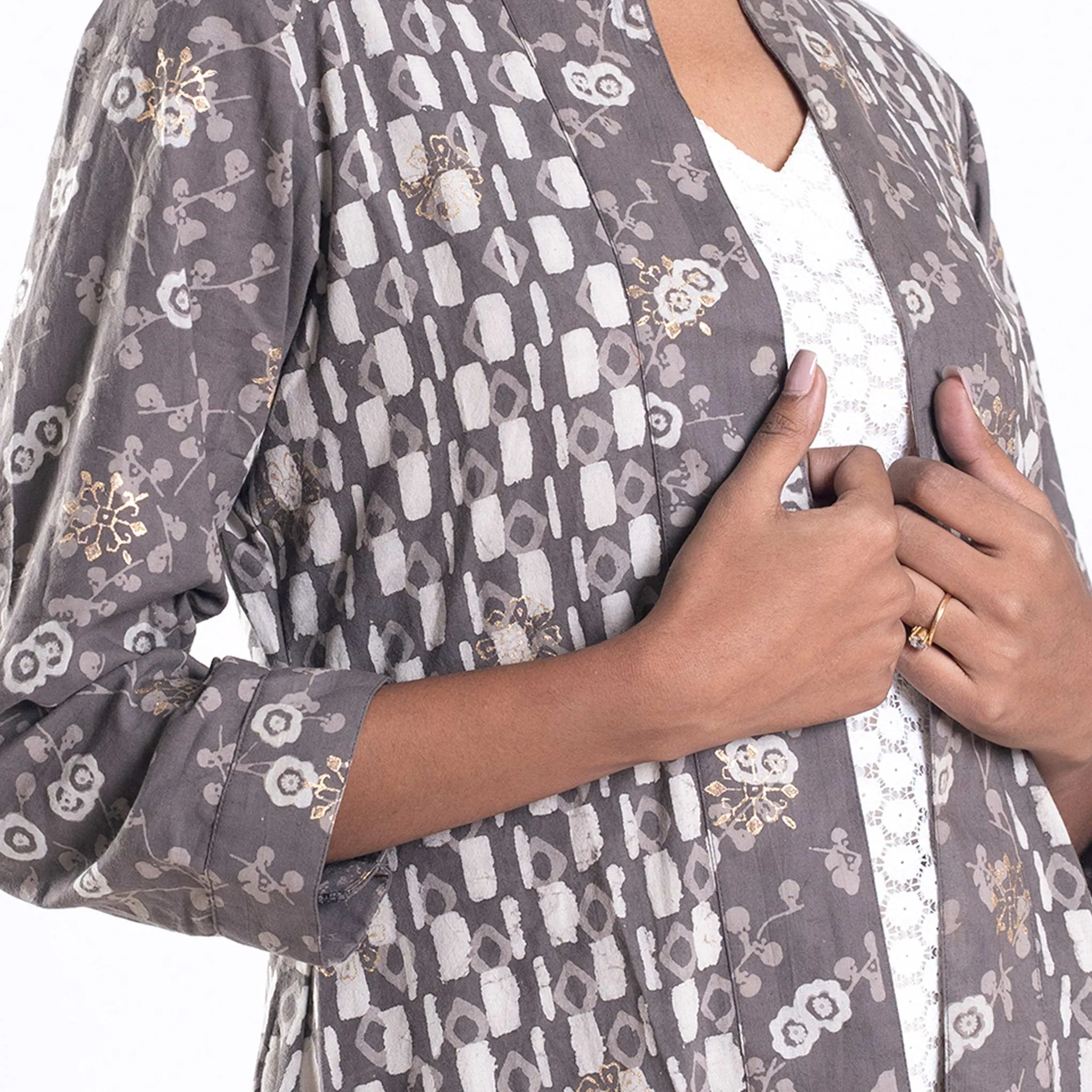 Slate bagru printed golden mix jacket set with kurta and culottes