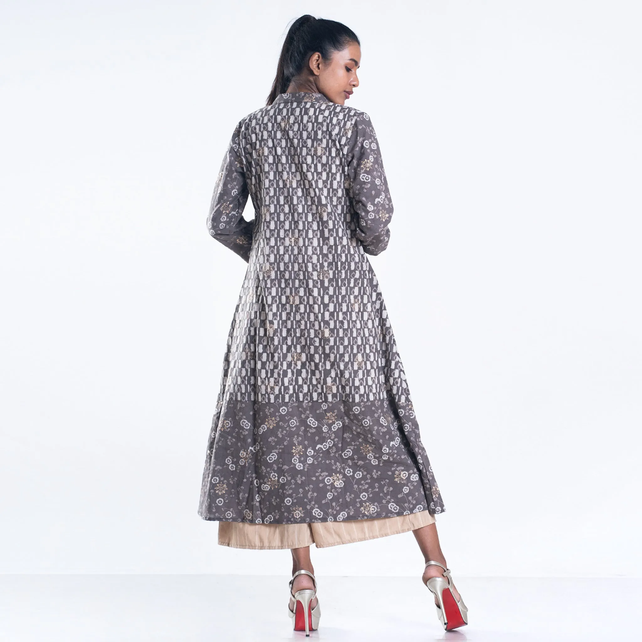 Slate bagru printed golden mix jacket set with kurta and culottes