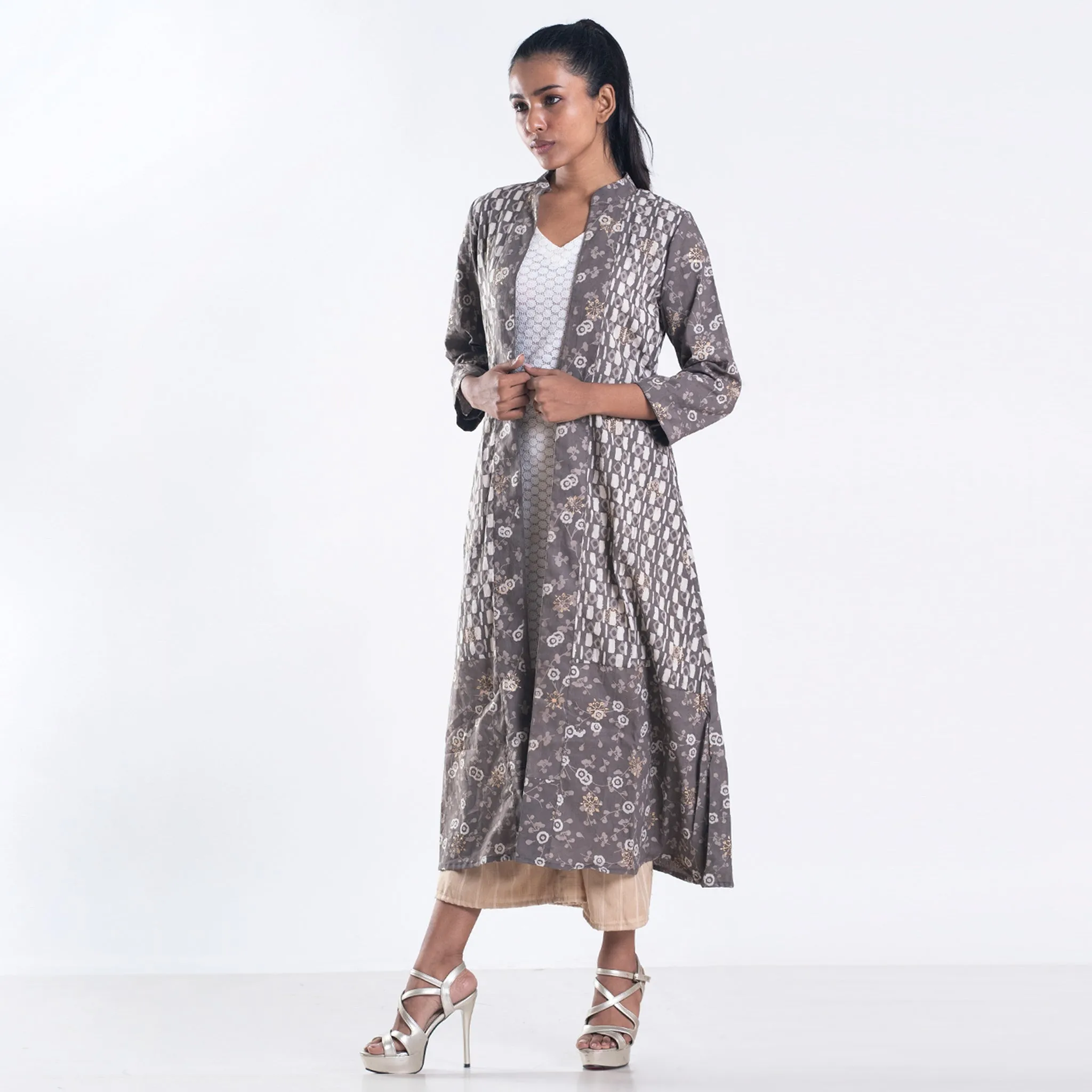 Slate bagru printed golden mix jacket set with kurta and culottes