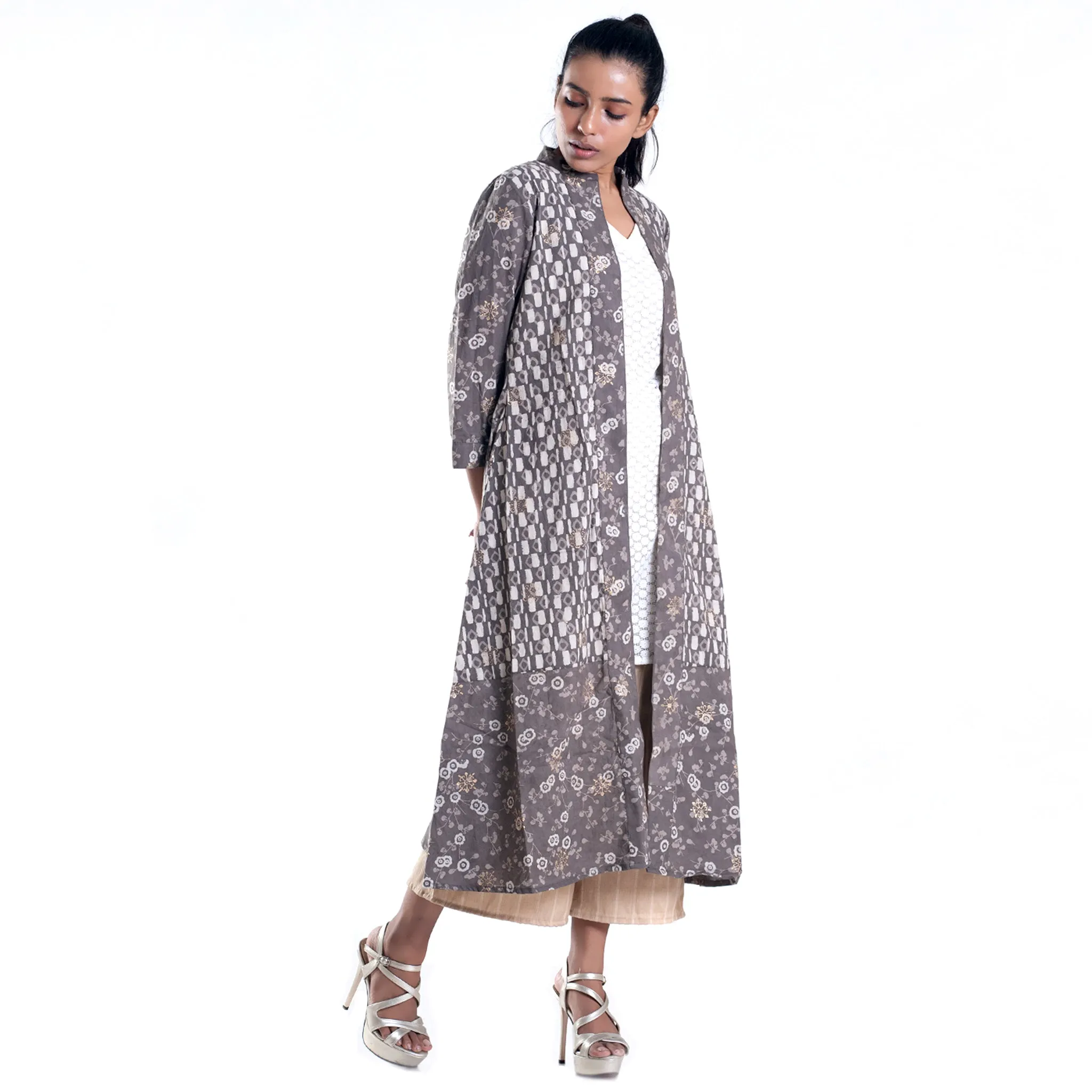 Slate bagru printed golden mix jacket set with kurta and culottes