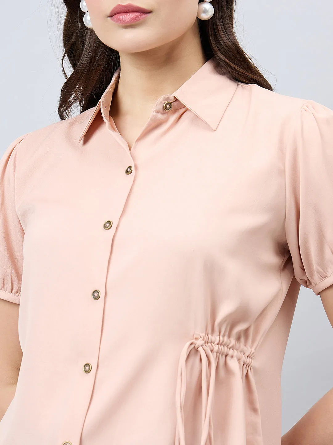 Style Quotient Women Solid Nude Polymoss Regular Fit Semi Formal Shirt
