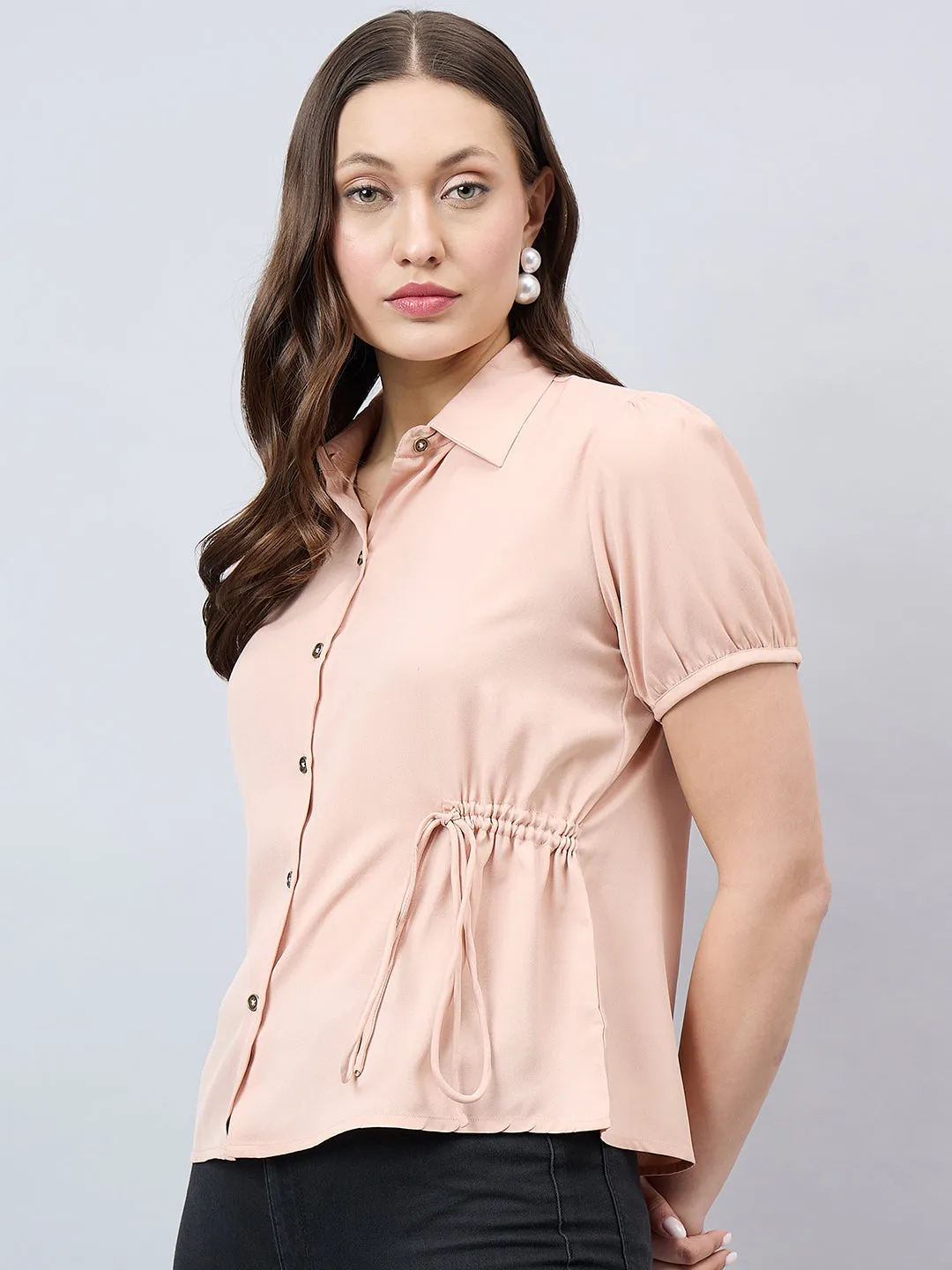 Style Quotient Women Solid Nude Polymoss Regular Fit Semi Formal Shirt