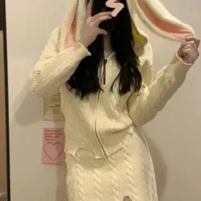 White Knitted Bunny      Sweater Top and Skirt  Complete Set Kawaii Academia Y2K Cottagecore Coquette Fairycore Dollette Princesscore Bottoms